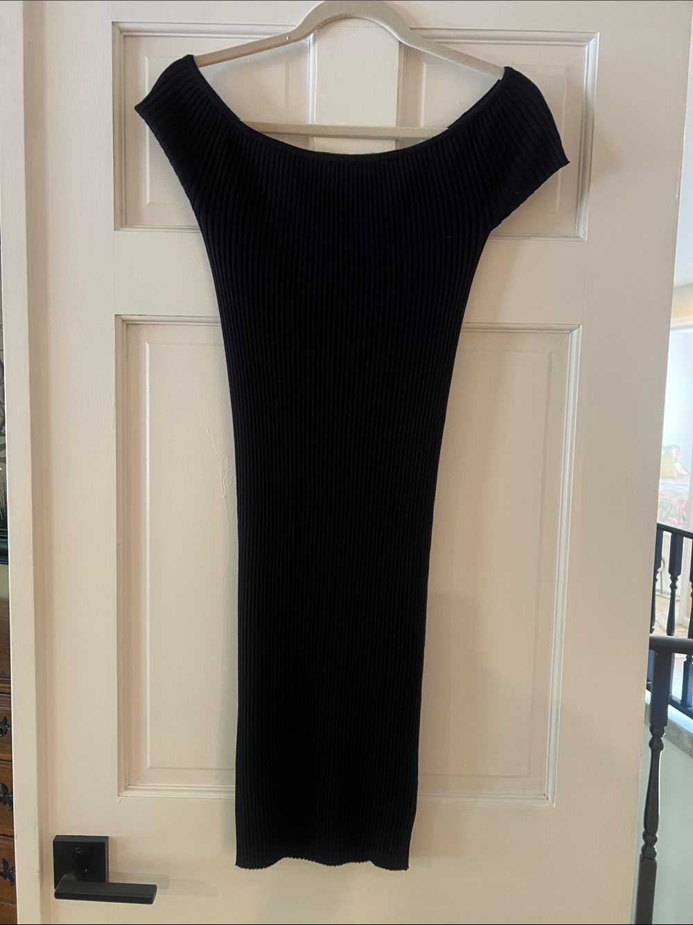 Ambiance Black Ribbed Off-Shoulder Midi Dress